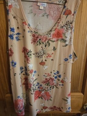 LuLaRoe Beige Floral Scoop Neck Tank with Pink and Blue Blooms